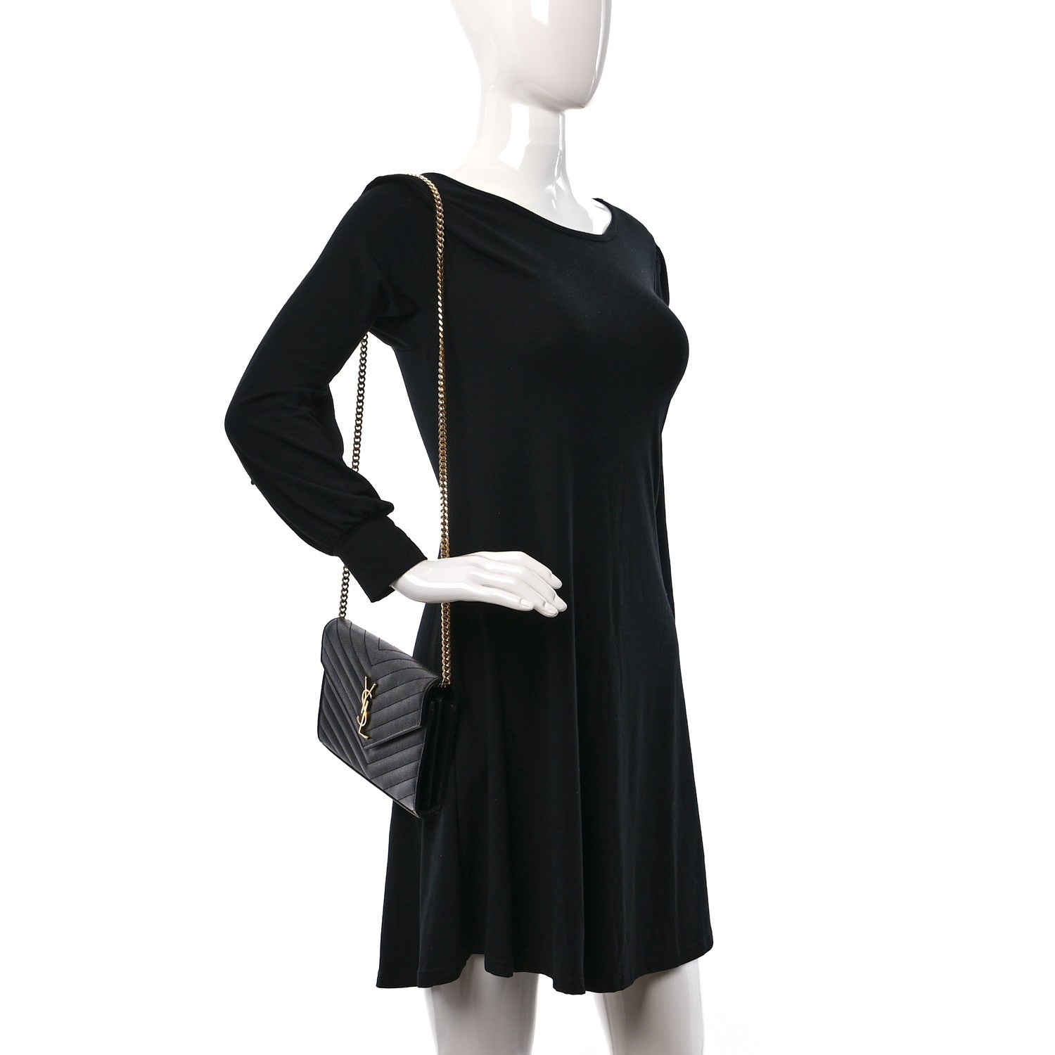 Saint Laurent Grain De Poudre Matelasse Chevron Monogram Chain Wallet Black 2 of 9