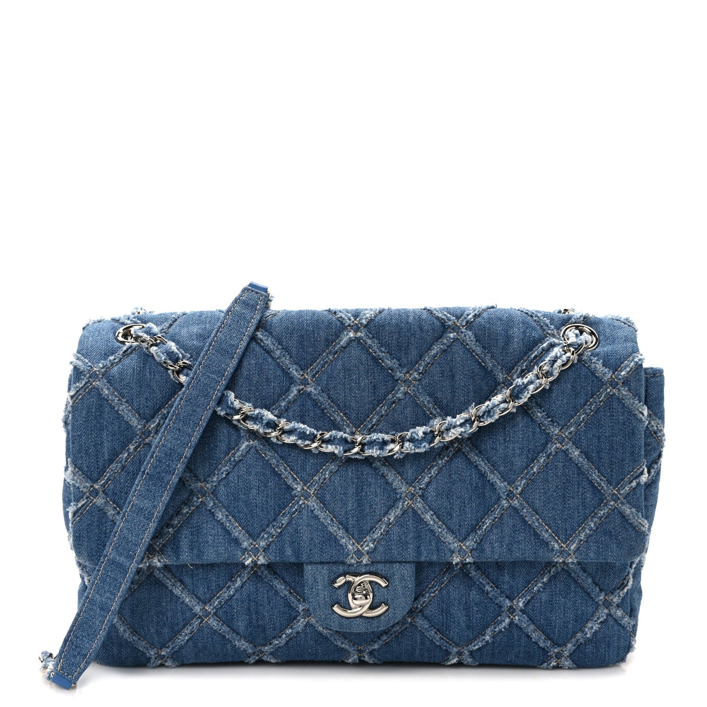 Denim Quilted Large Distressed Single Flap Blue