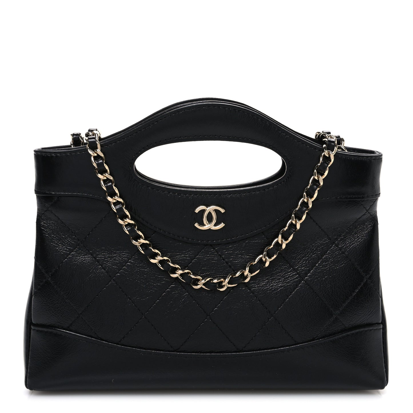 Shiny Crumpled Calfskin Quilted Nano 31 Shopping Bag Black