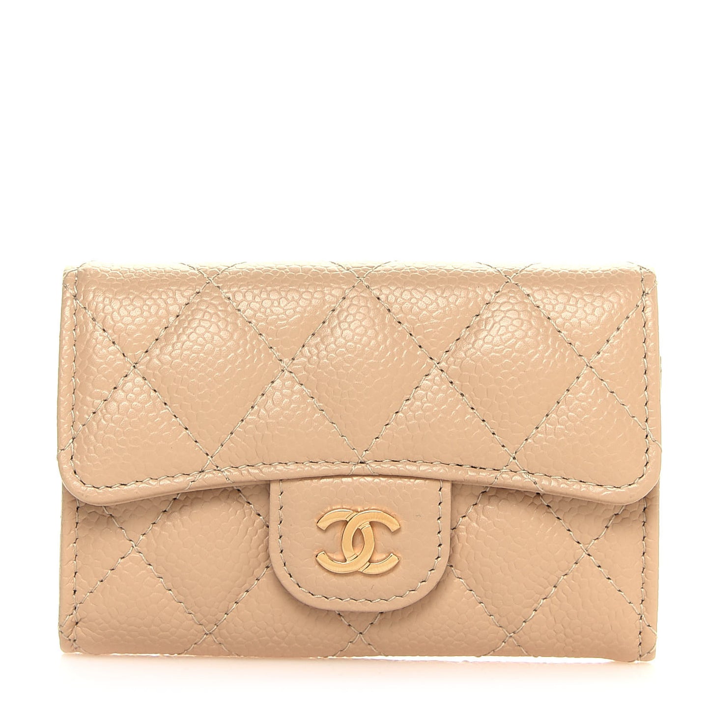 Caviar Quilted Flap Card Holder Wallet Beige