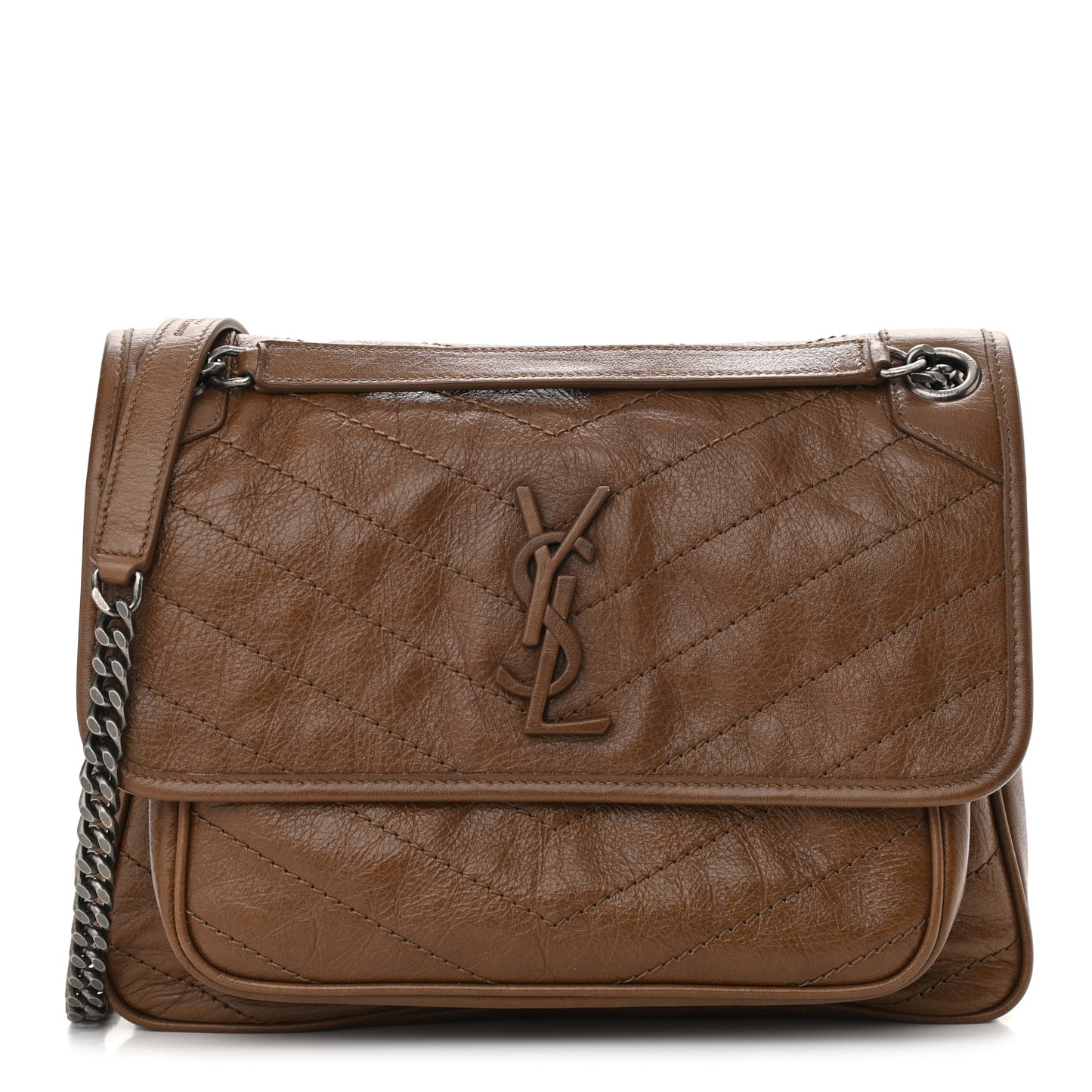 Crinkled Calfskin Matelasse Monogram Medium Niki Chain Satchel Tan Brown