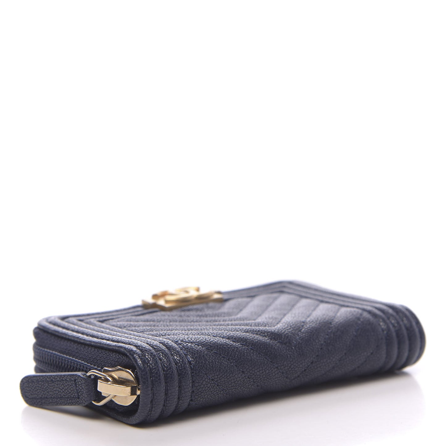 Caviar Chevron Quilted Boy Zip Around Coin Purse Wallet Navy Blue