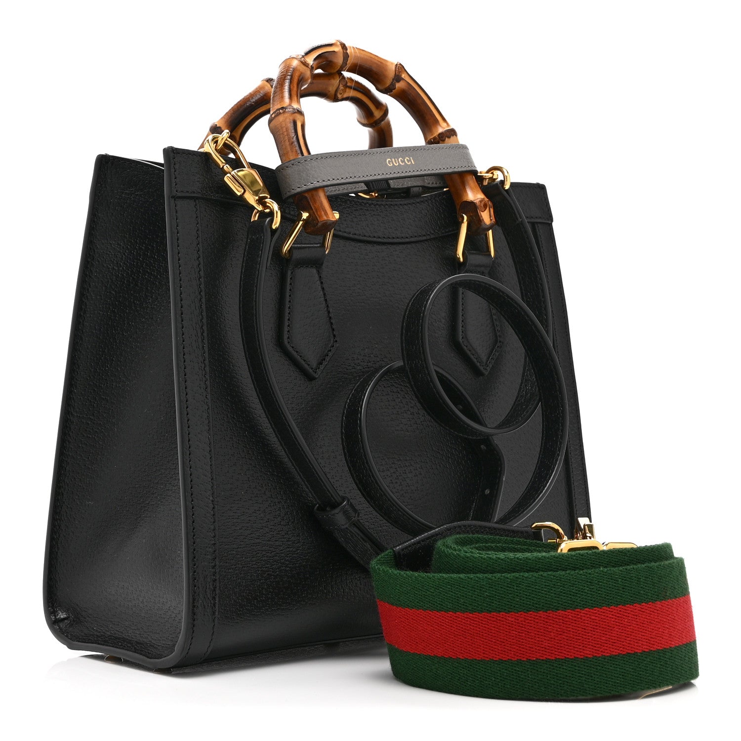 Gucci Textured Dollar Calfskin Web Small Diana Tote Bag Black Dusty Grey 3 of 11
