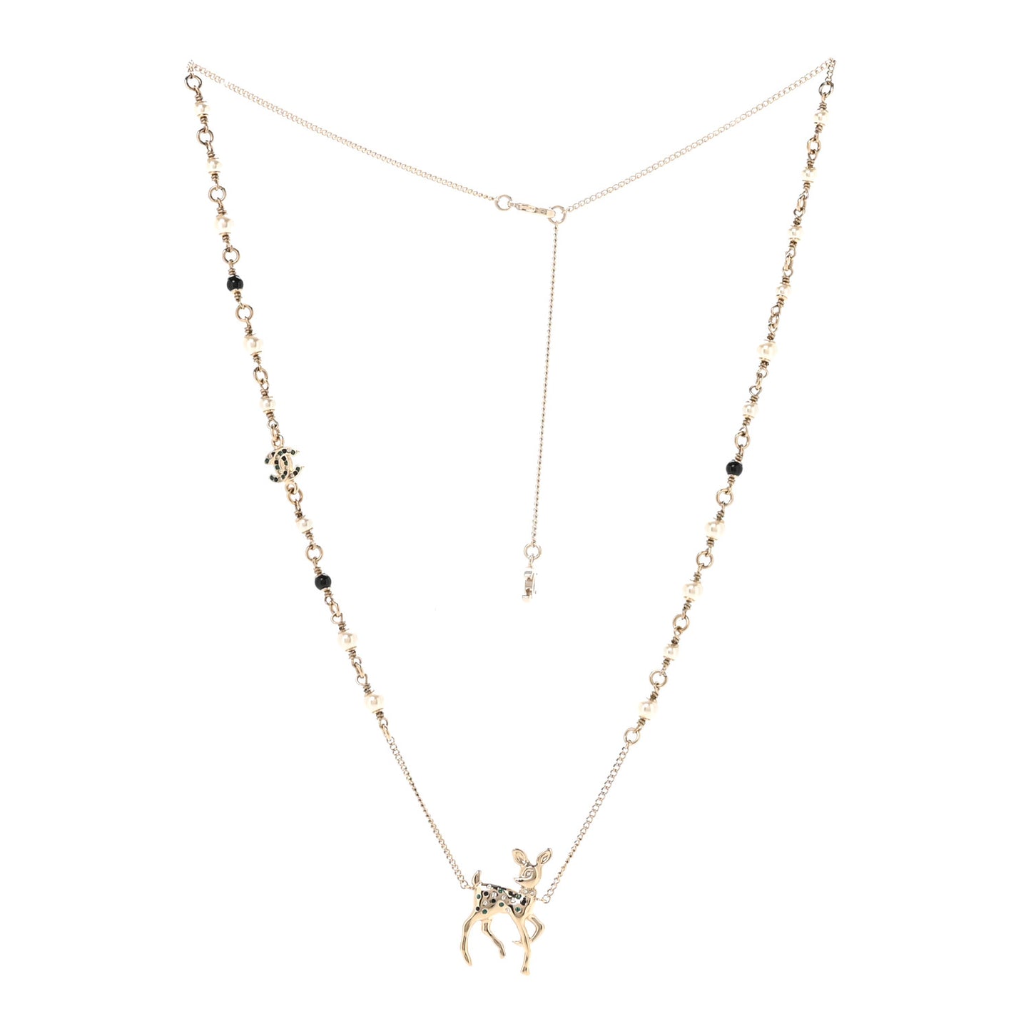 Pearl Crystal CC Deer Long Necklace Gold Green