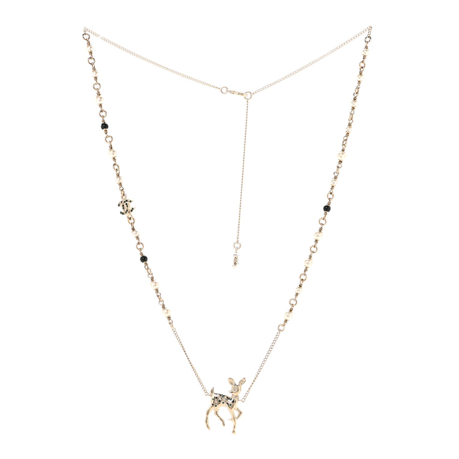 Chanel Pearl Crystal CC Deer Long Necklace Gold Green 3 of 7