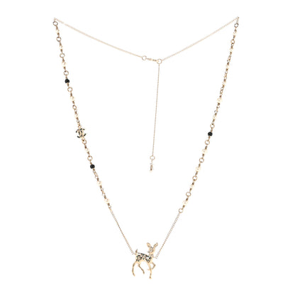 Chanel Pearl Crystal CC Deer Long Necklace Gold Green 3 of 7