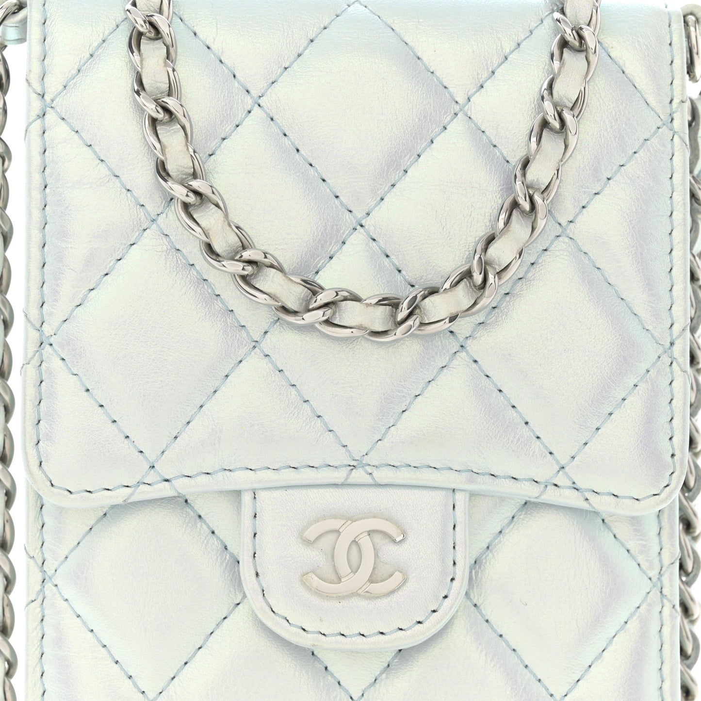 Iridescent Lambskin Quilted CC Phone Holder Blue