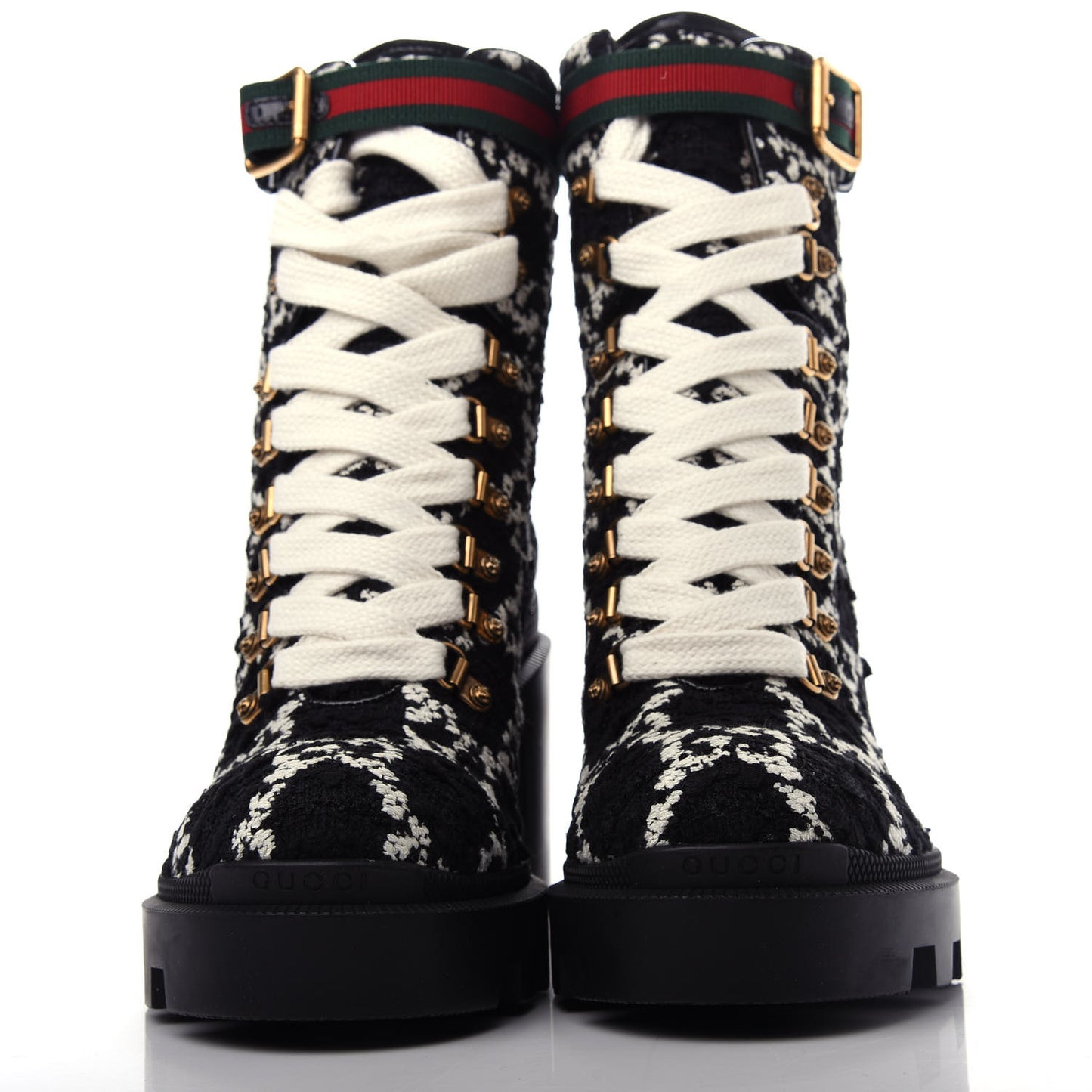 Tweed GG Monogram Lace Up Combat Ankle Boots 39 Black