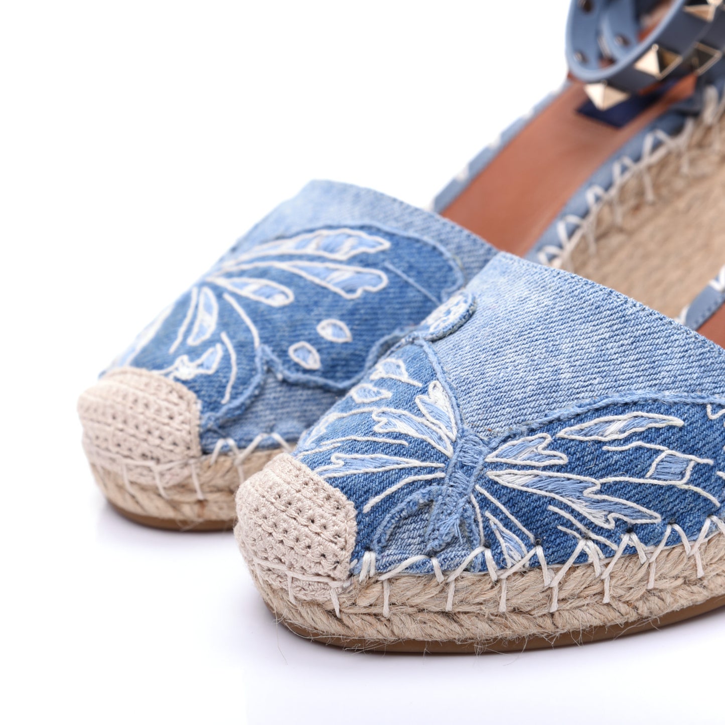 Denim Butterfly Embroidered Rockstud Ankle Wrap Espadrille 15/85mm Wedges 36 Light Denim
