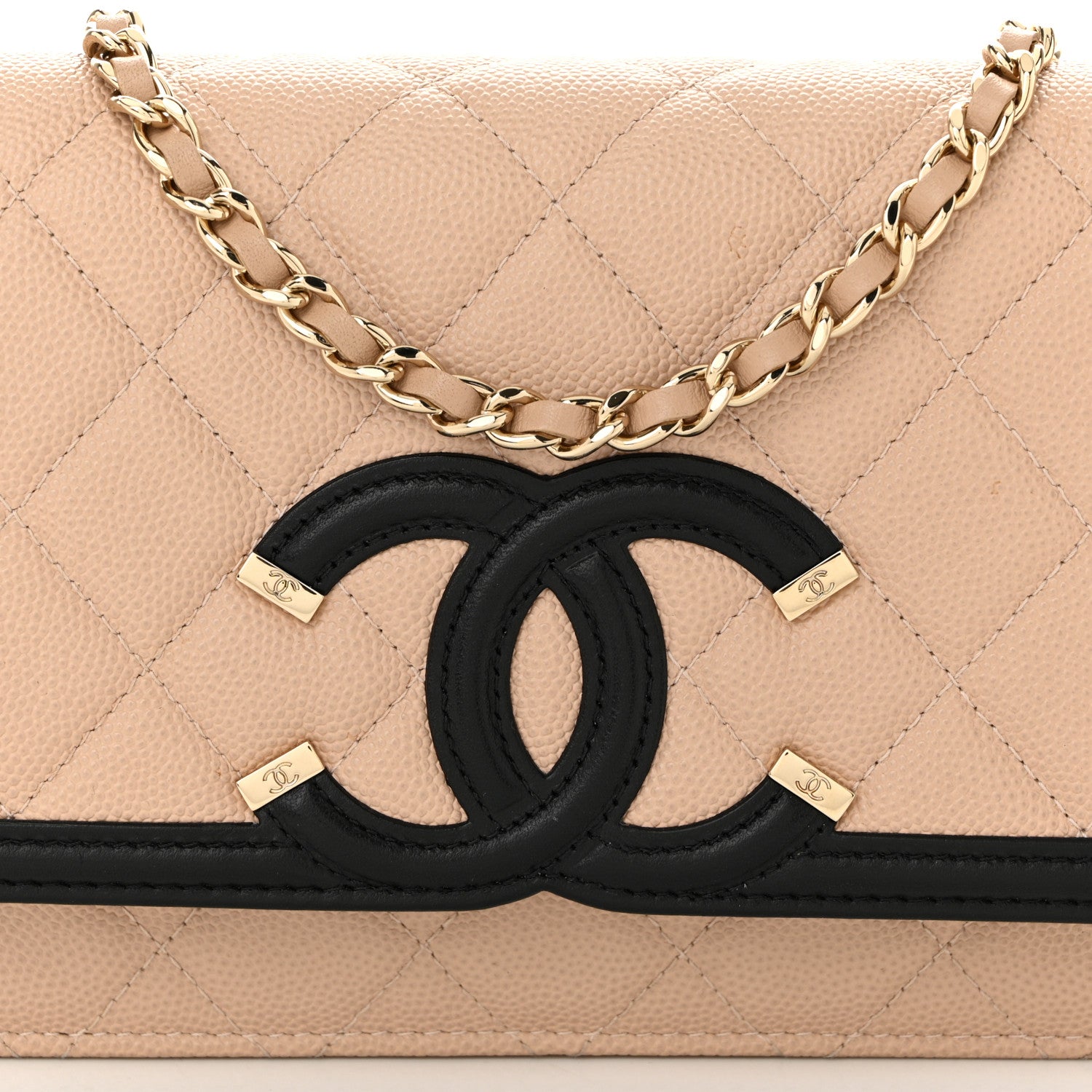 Chanel Caviar Quilted CC Filigree Wallet On Chain WOC Beige Black 9 of 12