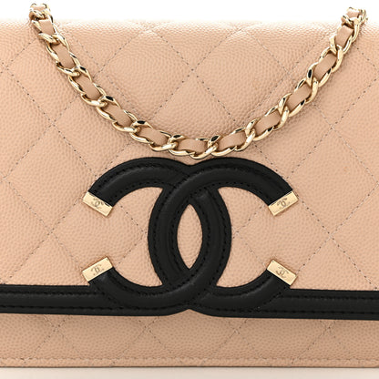 Chanel Caviar Quilted CC Filigree Wallet On Chain WOC Beige Black 9 of 12