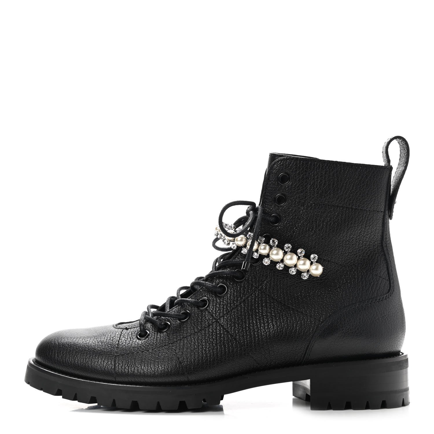 Jimmy Choo Grained Calfskin Crystal Embellished Cruz Combat Boots 39.5 Black 1 of 7