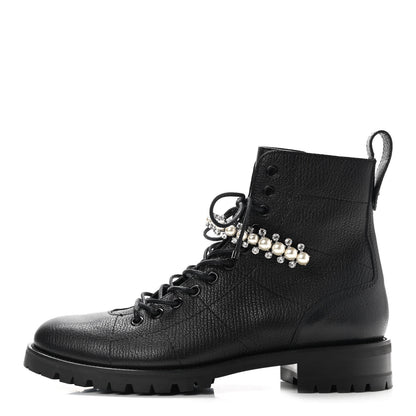 Jimmy Choo Grained Calfskin Crystal Embellished Cruz Combat Boots 39.5 Black 1 of 7