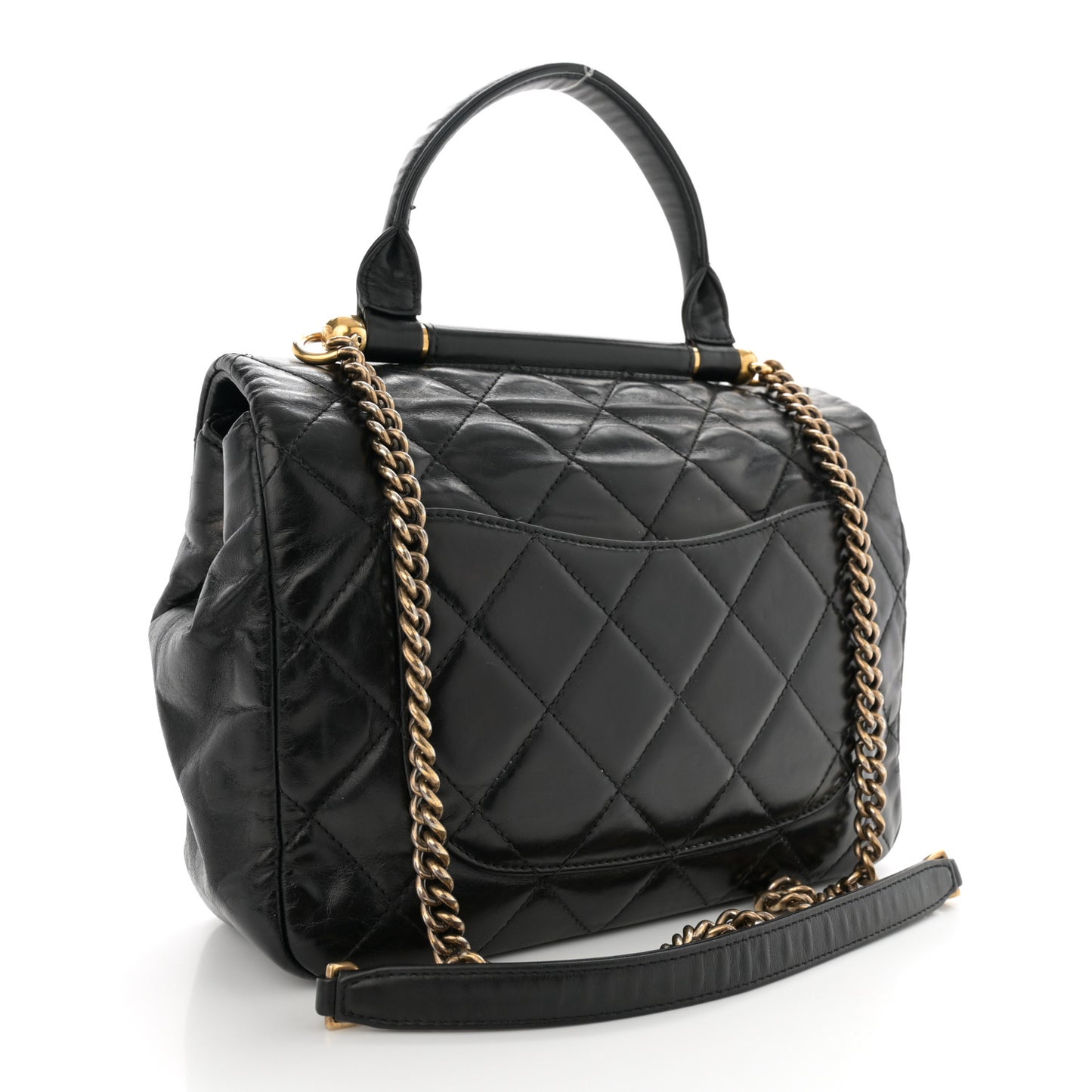 Glazed Calfskin Quilted Medium Gold Bar Top Handle Flap Black