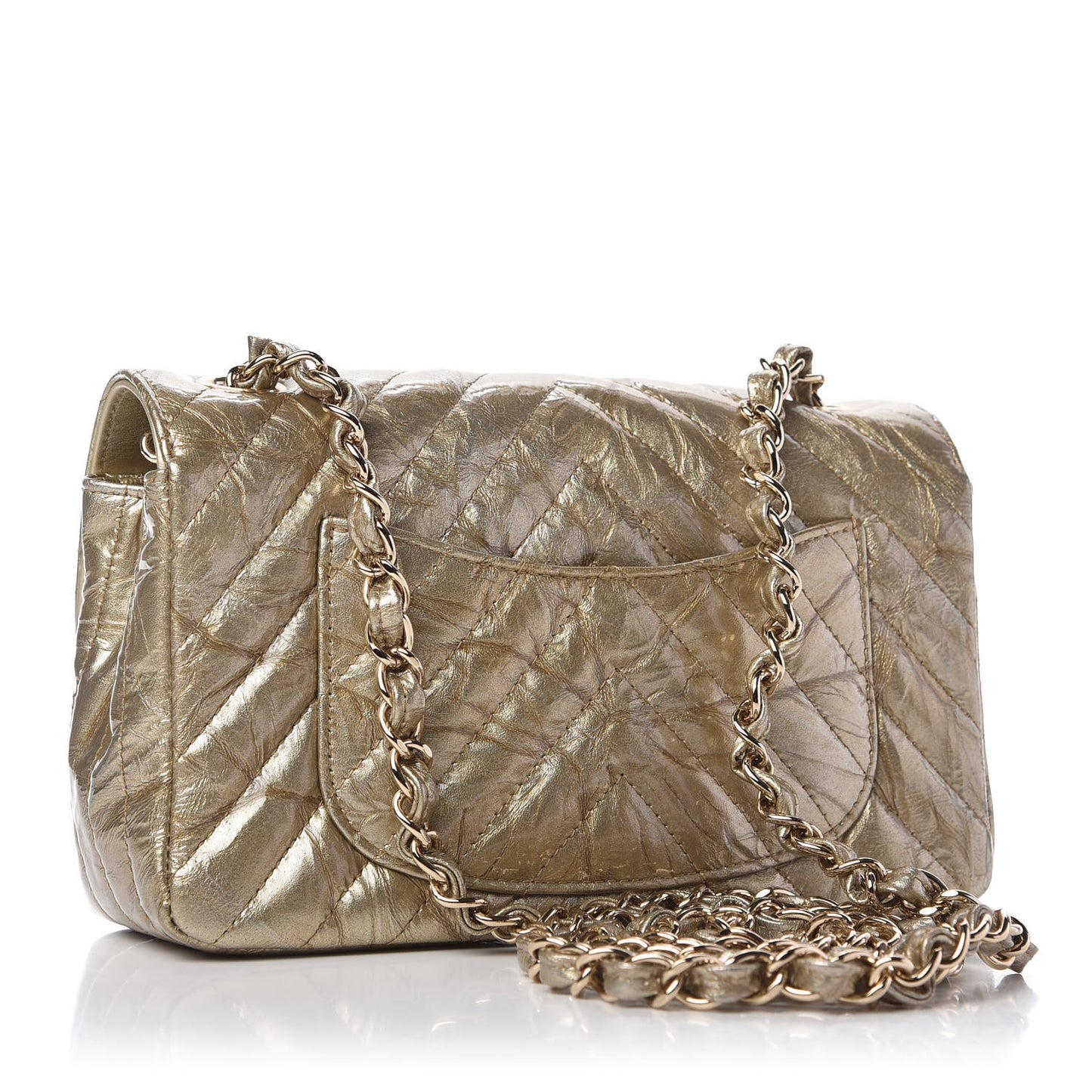 Patent Metallic Crumpled Calfskin Chevron Quilted Mini Rectangular Flap Gold