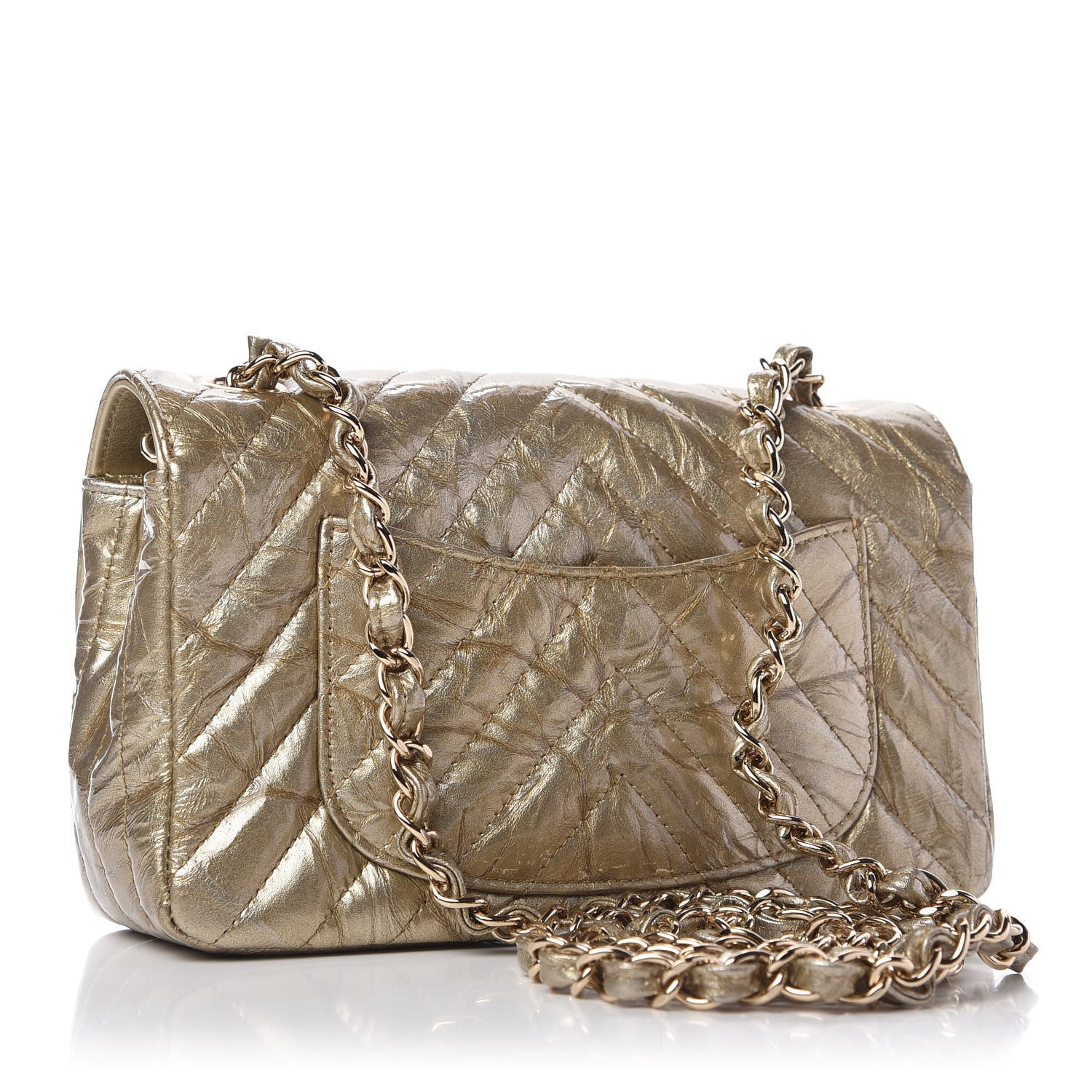 Chanel Patent Metallic Crumpled Calfskin Chevron Quilted Mini Rectangular Flap Gold 3 of 11