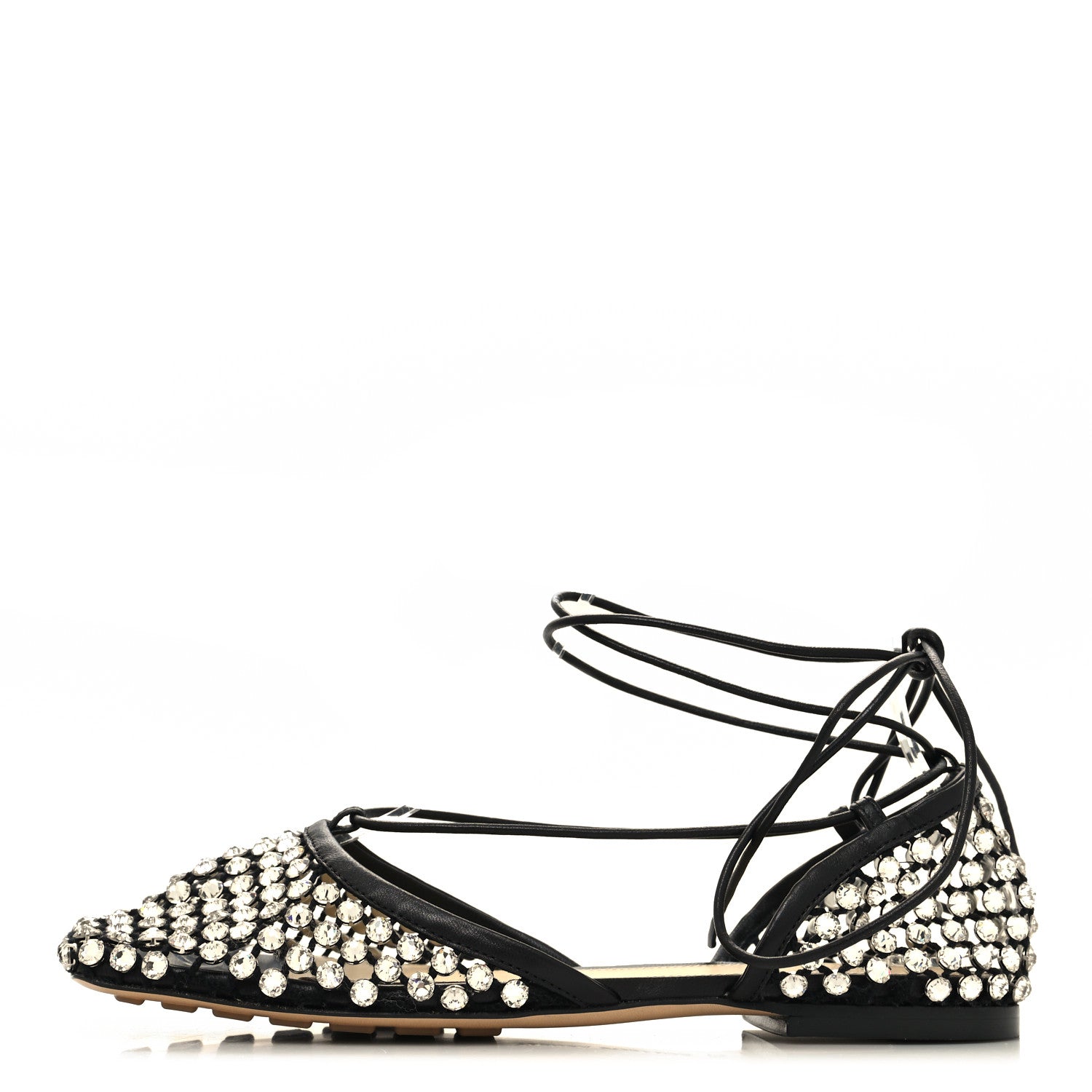 Bottega Veneta Mesh Nappa Crystal Embellished Sparkle Stretch Ankle Tie Flats 37 Black 1 of 7