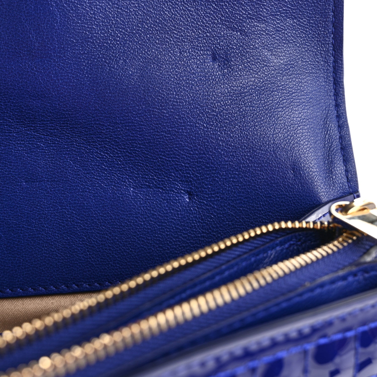 Versace Patent Barocco Quilted Vanitas Chain Pouch Poison Blue