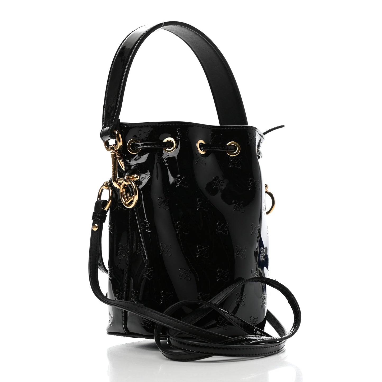 Vitello Vernice Mou F is Fendi Karligraphy Embossed Mini Mon Tresor Bucket Bag Black