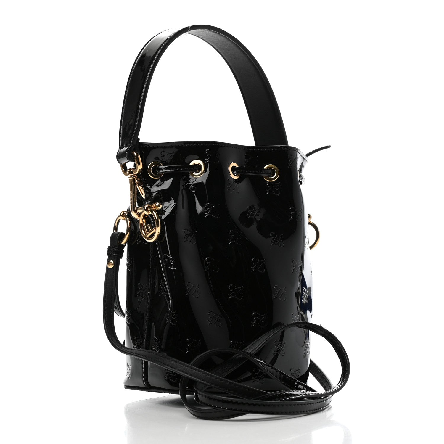 Fendi Vitello Vernice Mou F is Fendi Karligraphy Embossed Mini Mon Tresor Bucket Bag Black 2 of 4