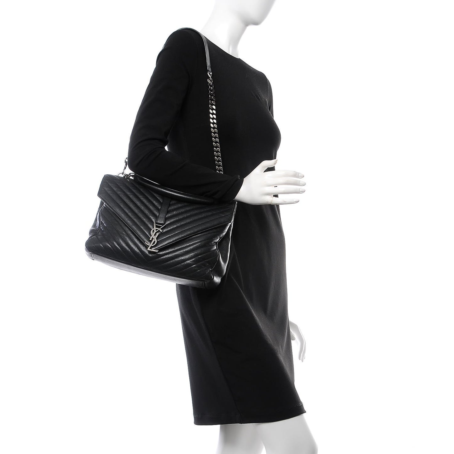 Sheepskin Matelasse Chevron Monogram Large College Satchel Black