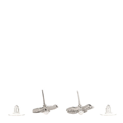 Chanel Crystal Pearl Bow CC Drop Earrings Silver 3 of 4