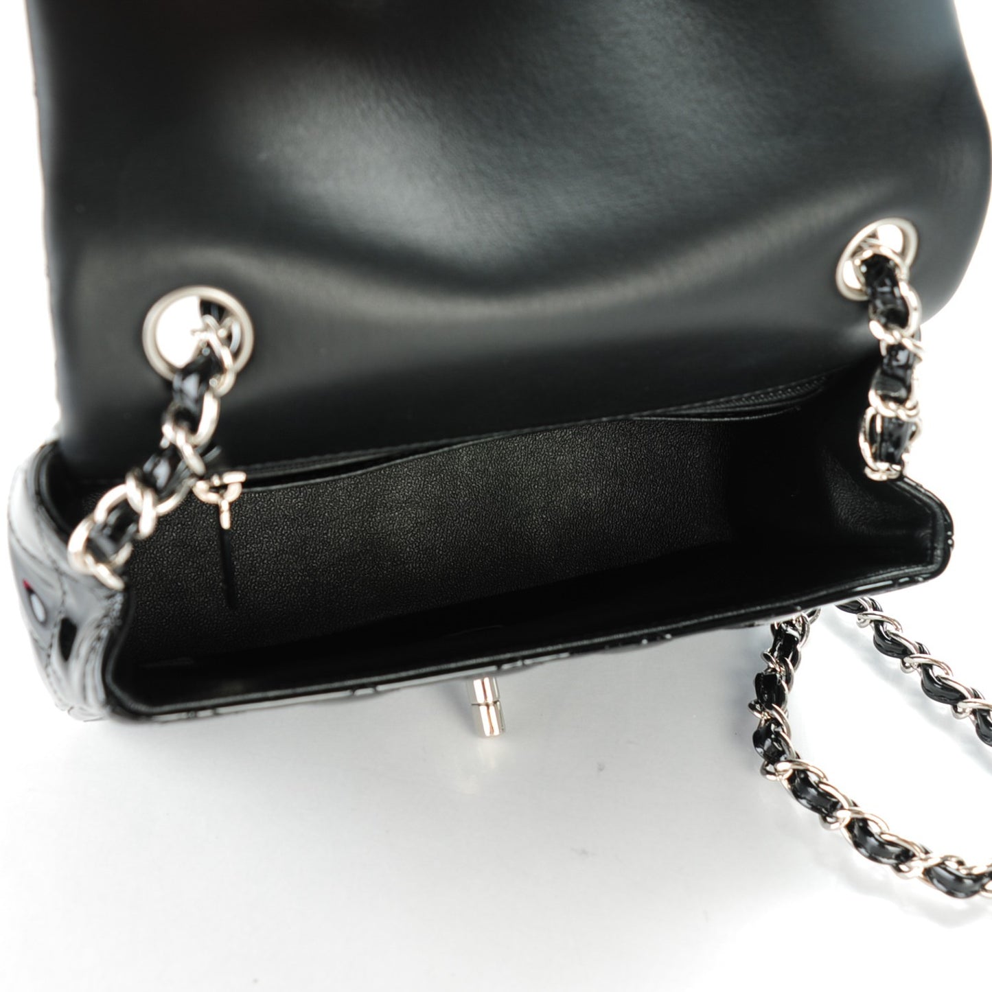 Patent Calfskin Quilted Mini Rectangular Flap Black