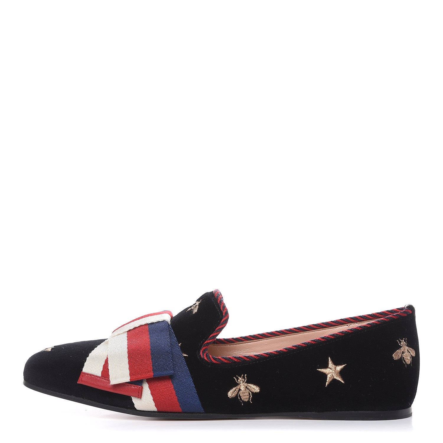 Gucci Velvet Bee Star Embroidered Sylvie Bow Loafers 37.5 Black 1 of 10