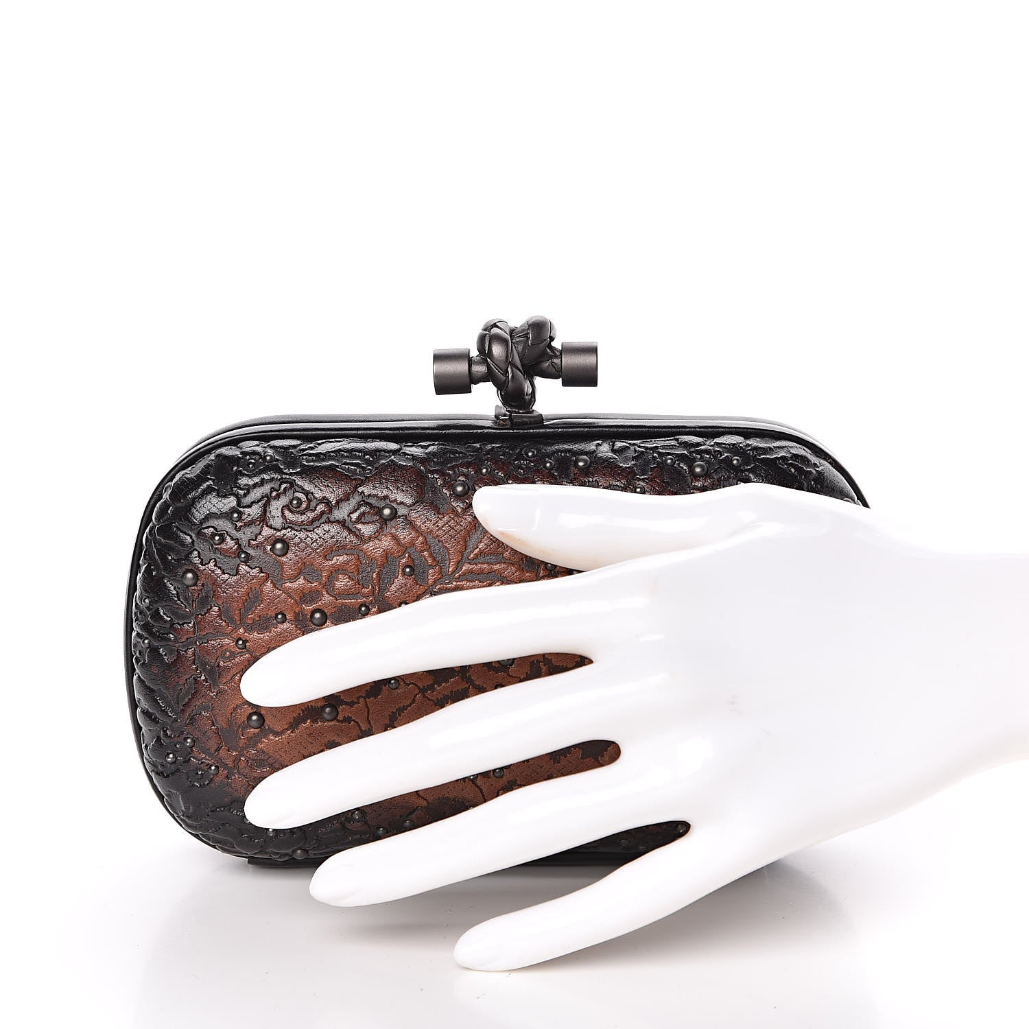 Bottega Veneta Calfskin Embossed Studded Knot Clutch Cioccolato 2 of 8