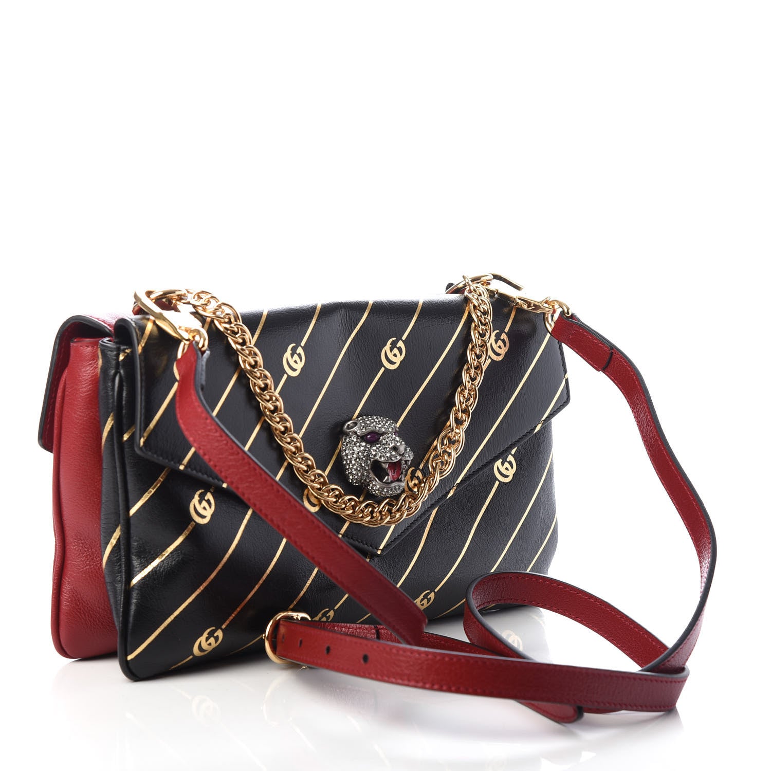 Gucci Calfskin Diagonal GG Medium Thiara Double Envelope Shoulder Bag Black Red 3 of 11