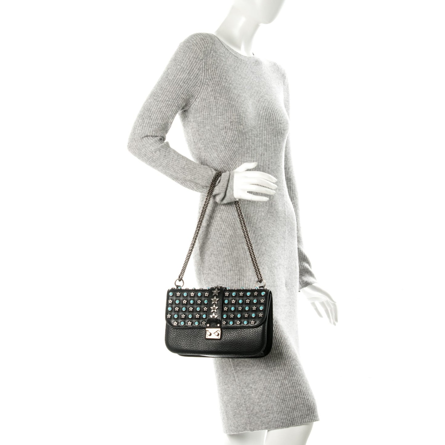 Pebbled Calfskin Star Studded Medium Lock Flap Black