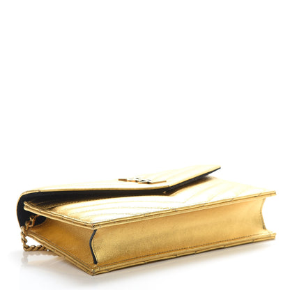 Saint Laurent Metallic Calfskin Matelasse Chevron Monogram Envelope Chain Wallet Gold 4 of 13
