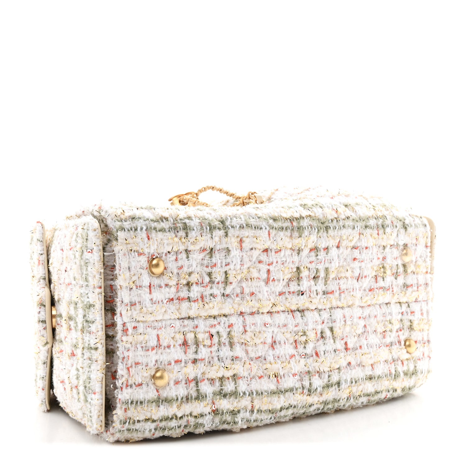Chanel Tweed Quilted Small Chanel 25 Handbag Ecru Khaki Gold Red 4 of 10