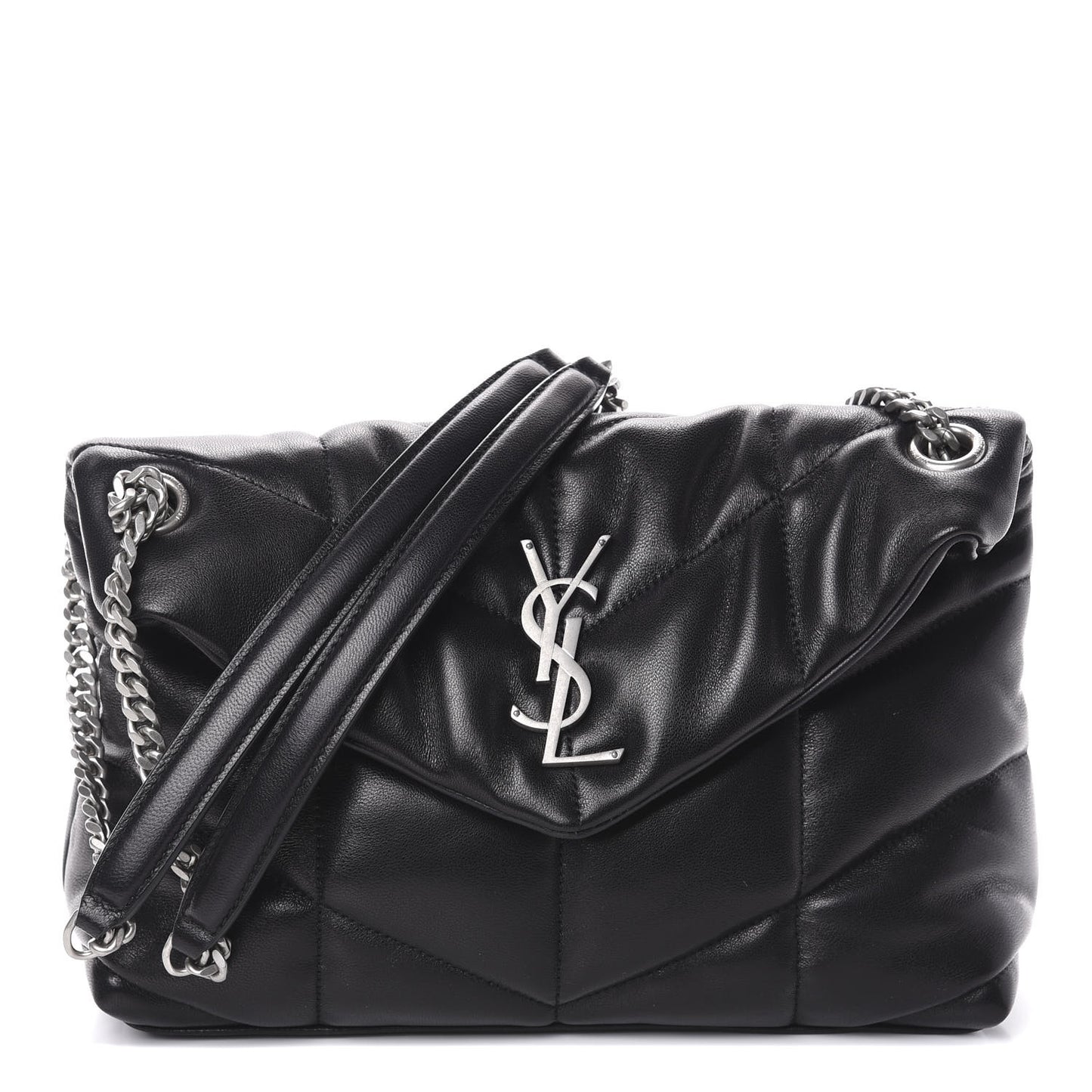 Lambskin Quilted Small Loulou Puffer Monogram Chain Satchel Black