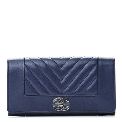Chanel Sheepskin Chevron Quilted Mademoiselle Vintage Flap Wallet Navy 1 of 9