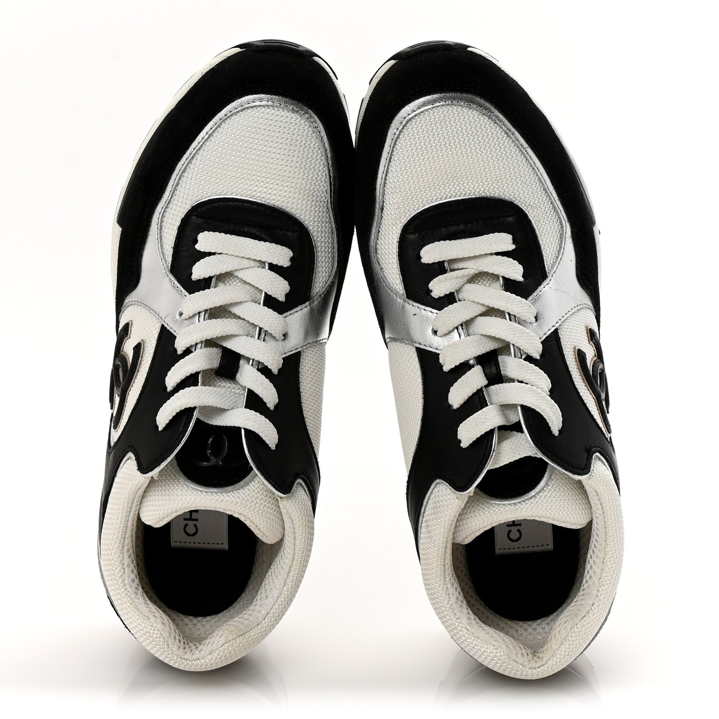 Mesh Suede Calfskin Grained Calfskin Womens CC Sneakers 39 Black White