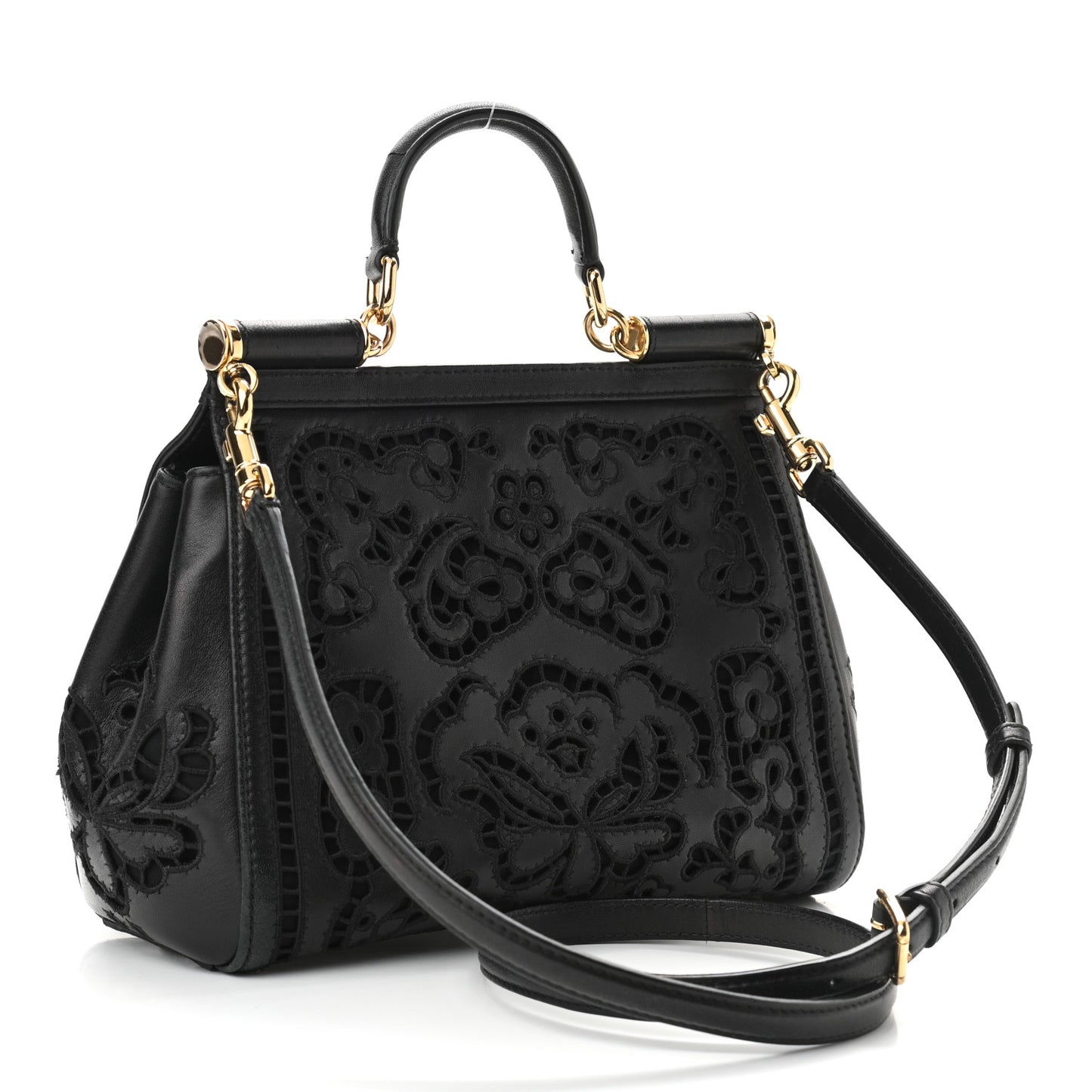 Lambskin Medium Embroidered Laser Cut Miss Sicily Satchel Black
