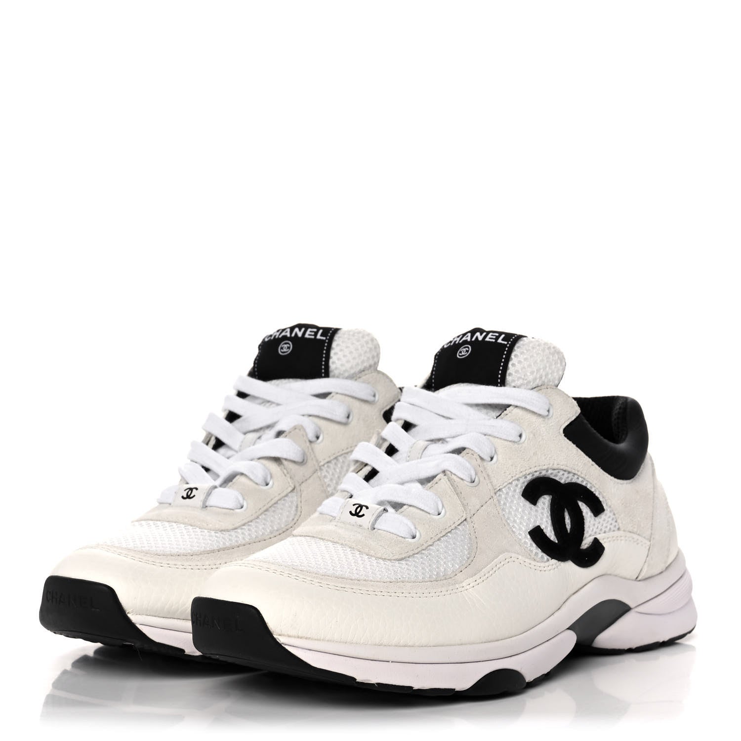 Chanel Mesh Suede Calfskin Grained Calfskin Womens CC Sneakers 41 White Black 3 of 9