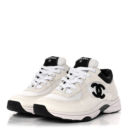 Chanel Mesh Suede Calfskin Grained Calfskin Womens CC Sneakers 41 White Black 3 of 9