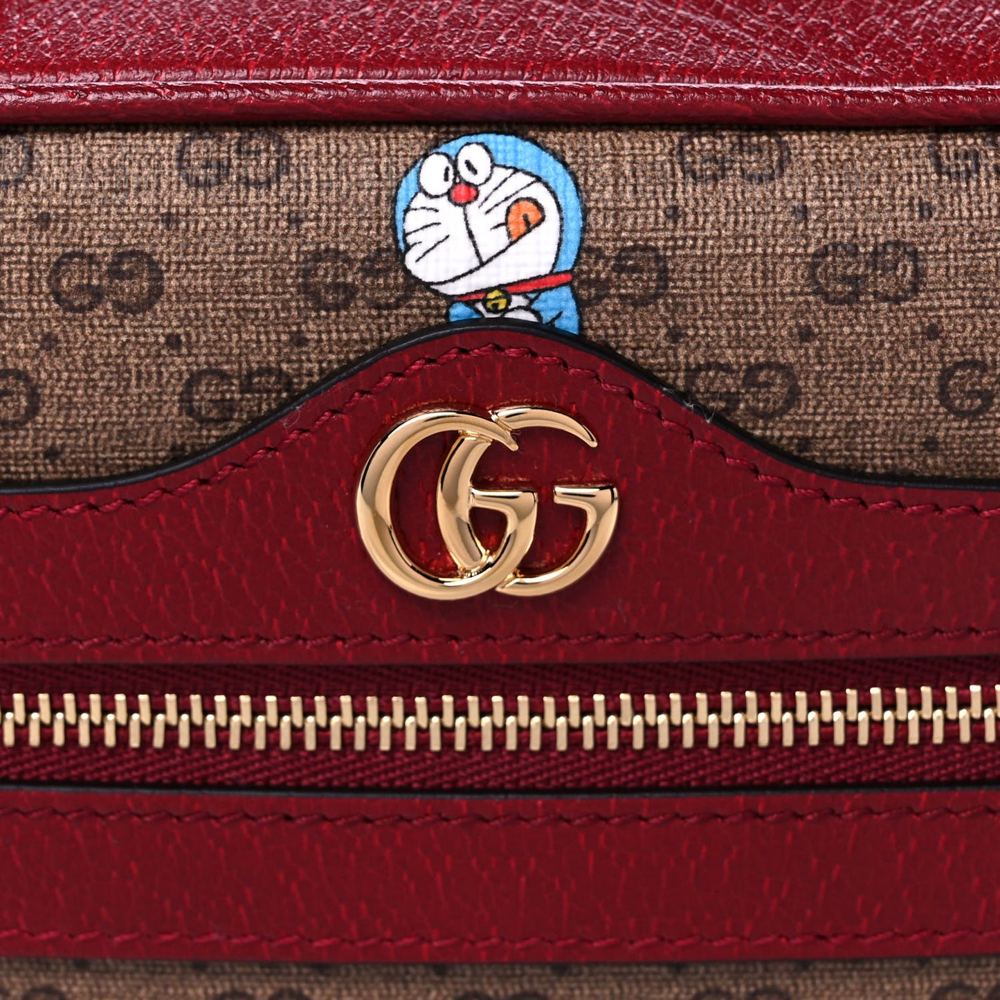 X DORAEMON Mini Vintage GG Supreme Monogram Camera Bag Beige Cherry Red