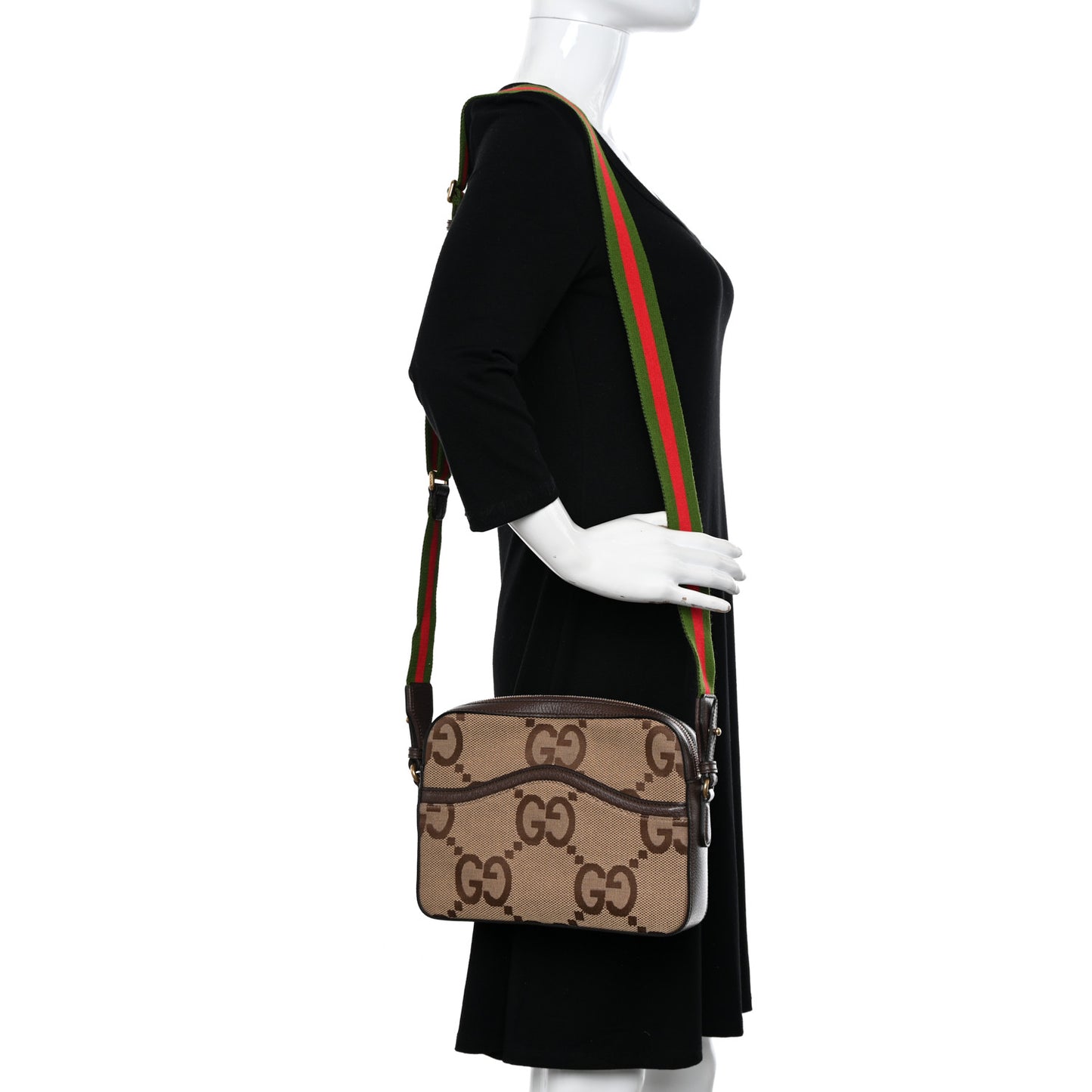 Monogram Jumbo GG Textured Dollar Calfskin Web Messenger Shoulder Bag Camel Ebony New Acero