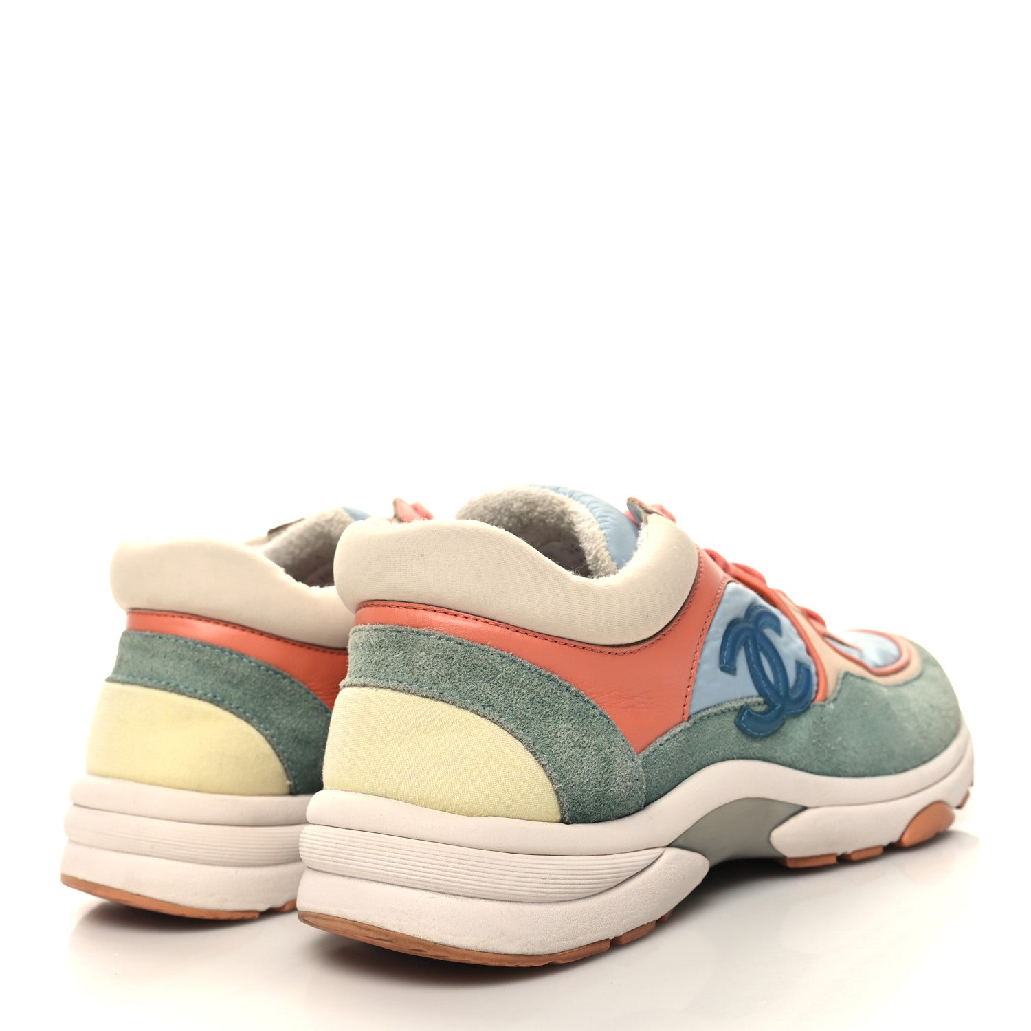 Chanel Nylon Lambskin Suede Calfskin CC Sneakers 37 Coral Light Blue White 4 of 8