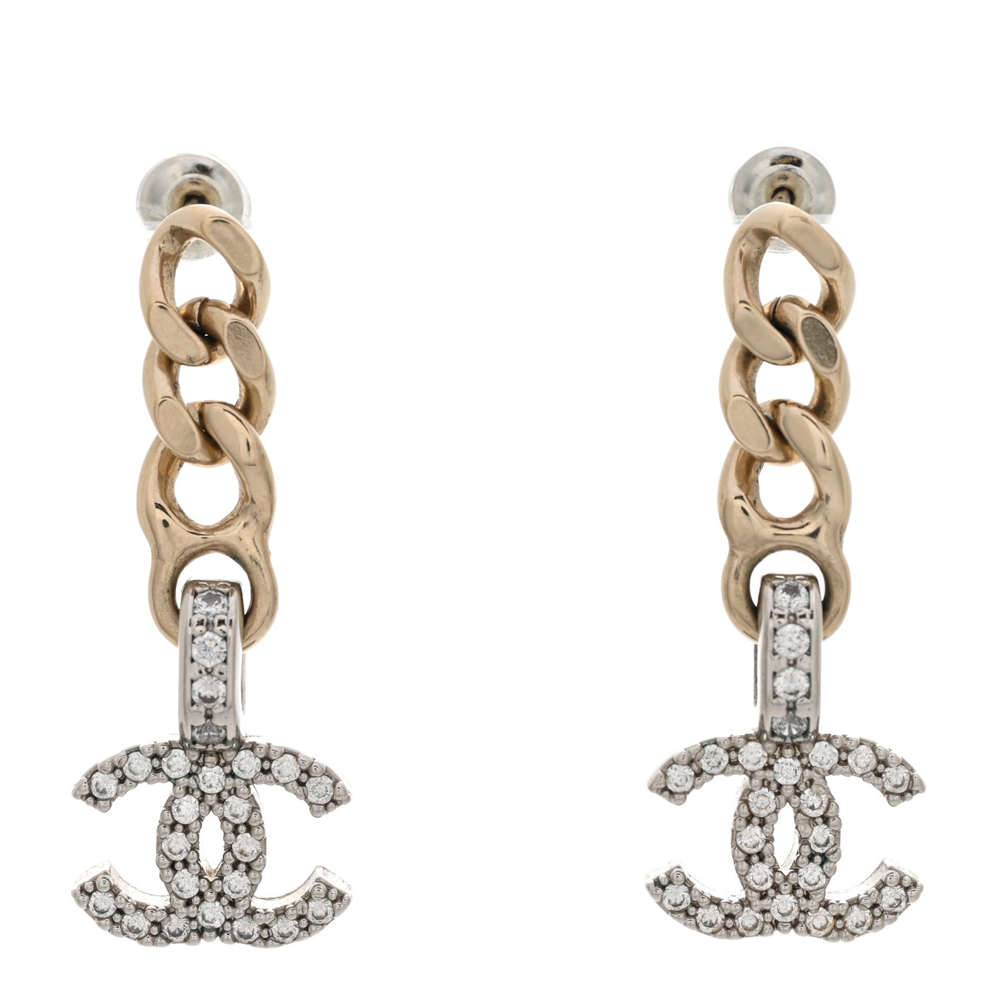 Metal Crystal CC Chain Drop Earrings Gold