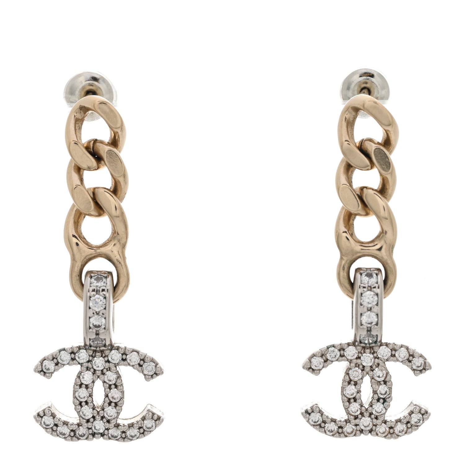 Chanel Metal Crystal CC Chain Drop Earrings Gold 1 of 3