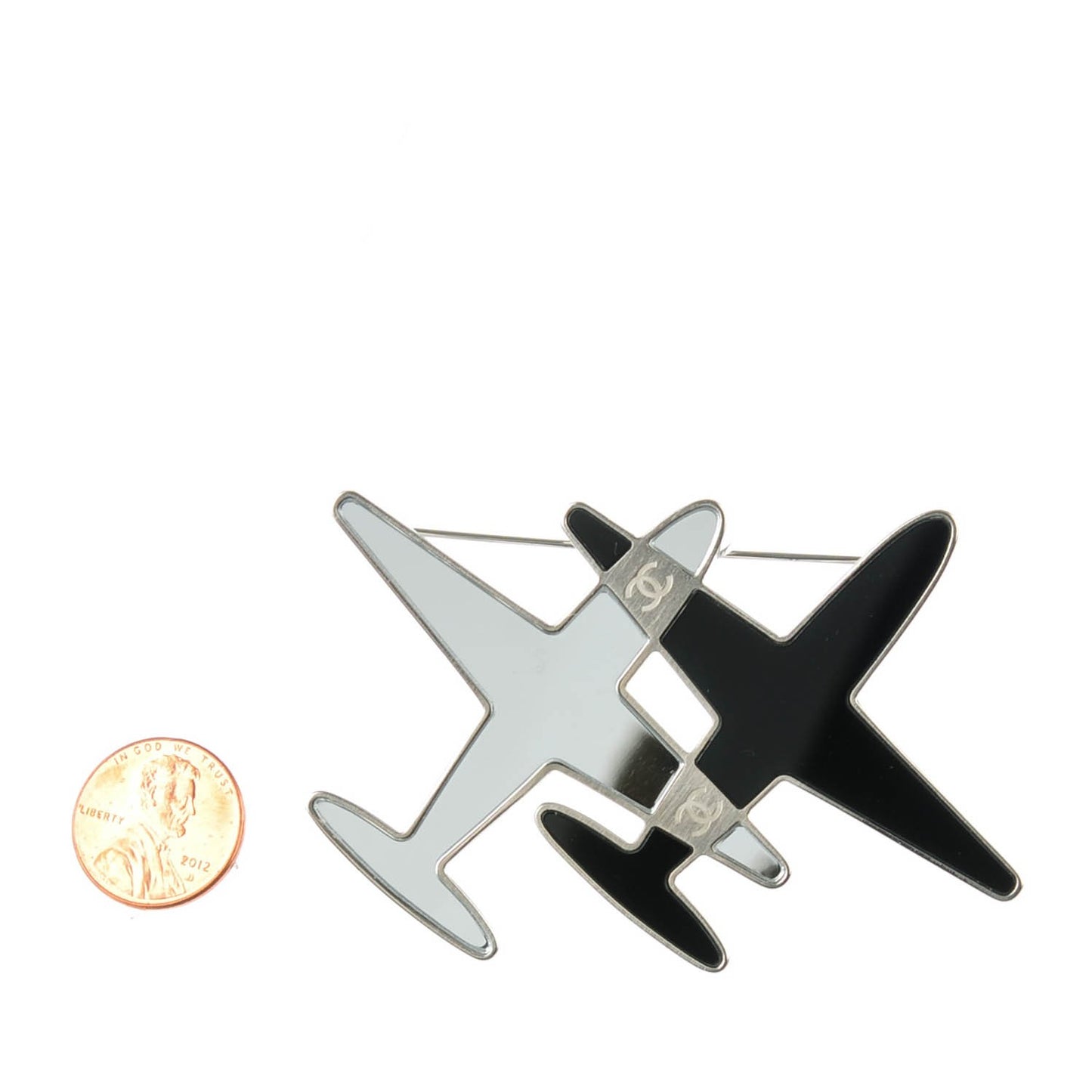 Metal Resin Mirror CC Airplane Brooch Black Silver