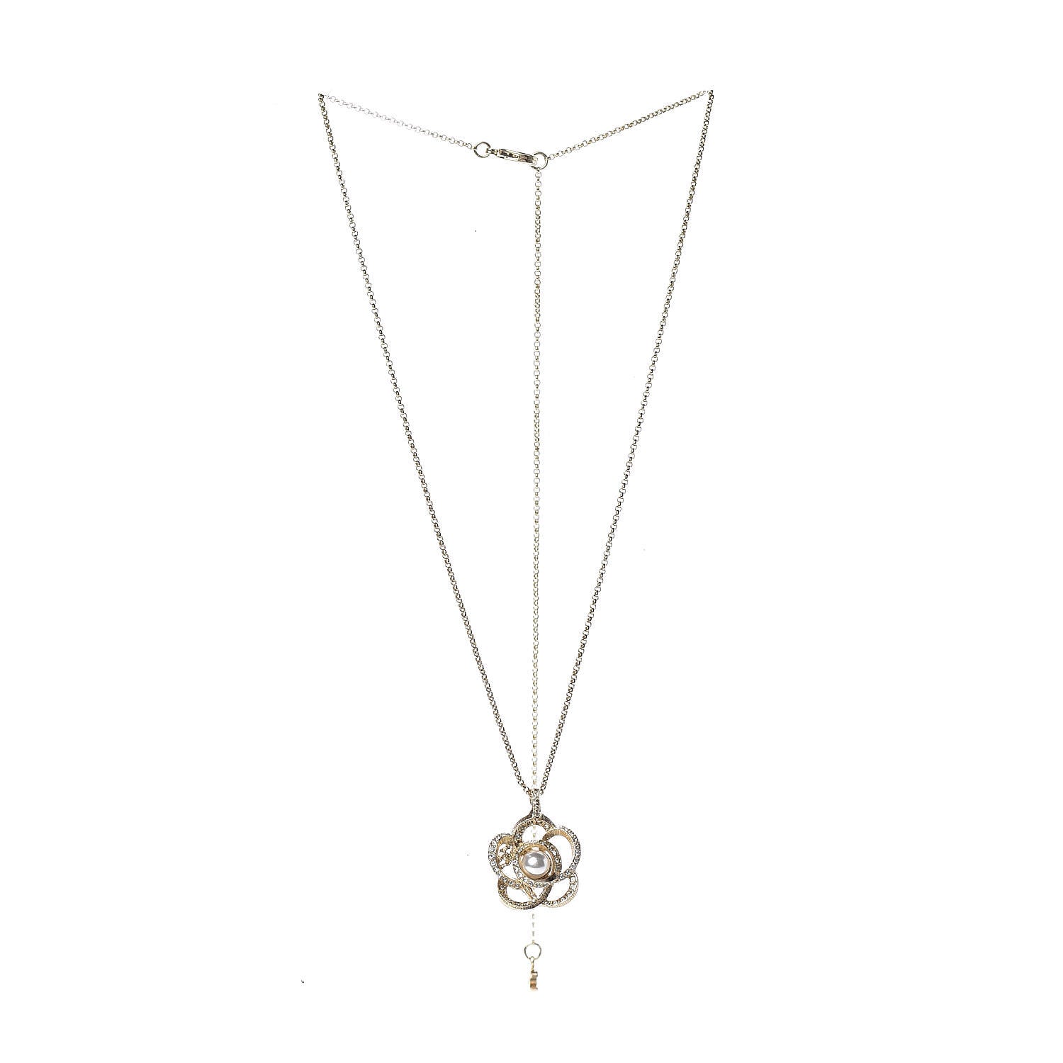 Chanel Crystal Pearl Camellia Necklace Gold 3 of 7