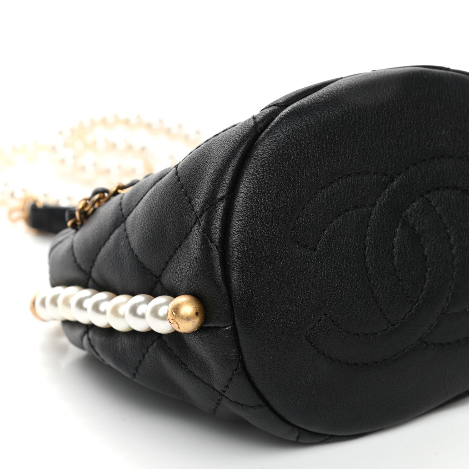 Chanel Calfskin Quilted Pearl Mini About Pearls Drawstring Bucket Bag Black 9 of 10