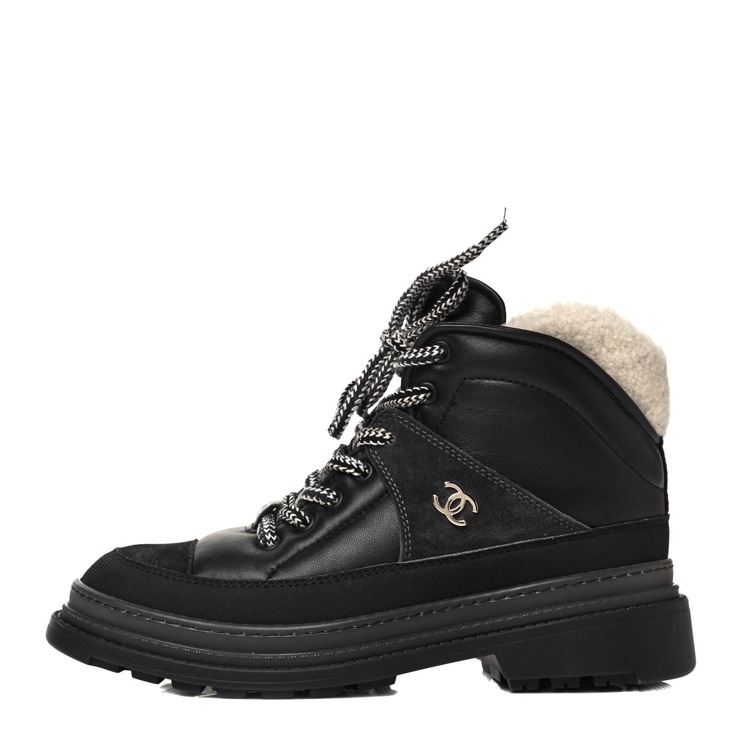 Chanel Lambskin Shearling Suede CC High Lace Up Boots 37 Black 1 of 8
