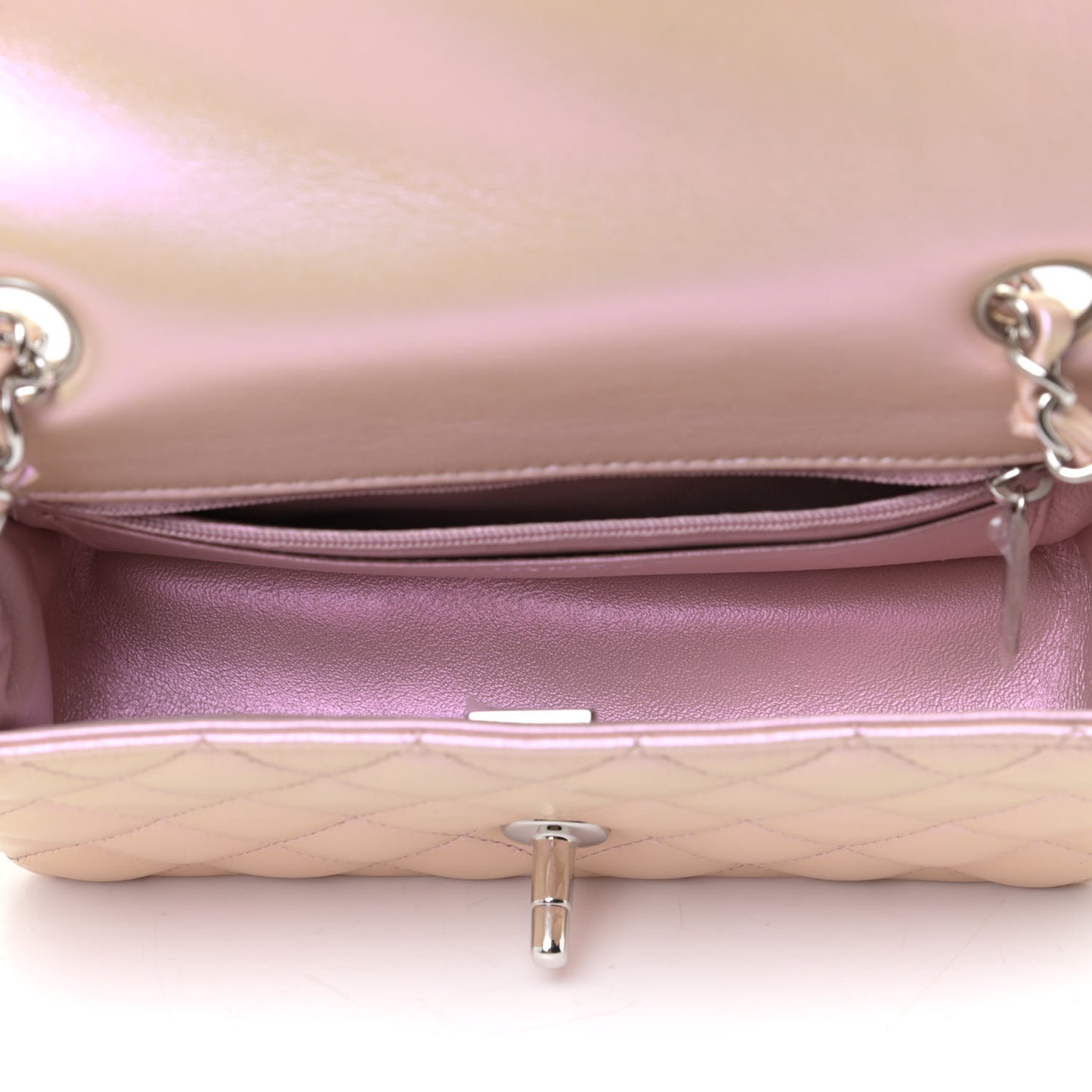 Iridescent Calfskin Quilted Mini Rectangular Flap Pink