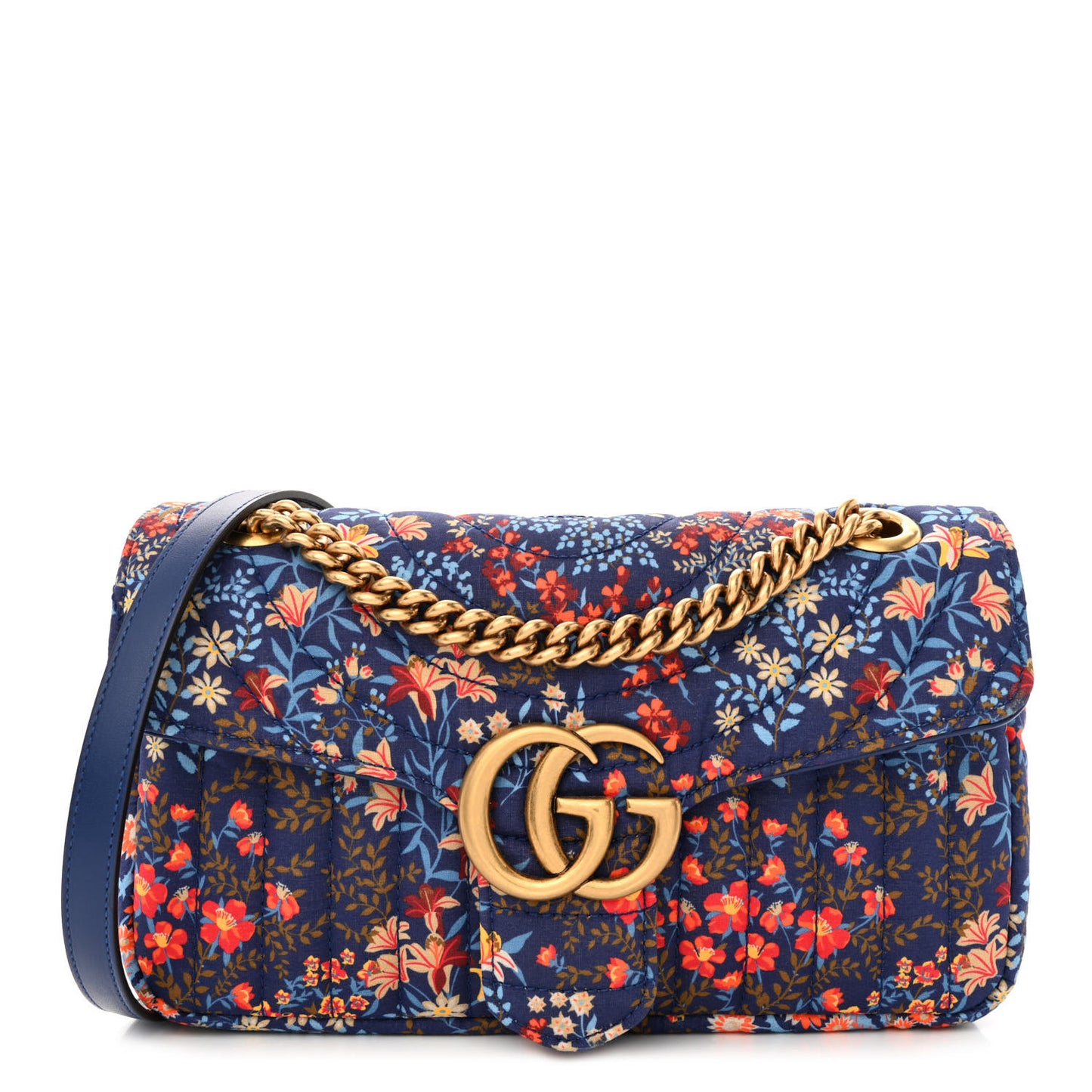 Cotton Calfskin Matelasse Floral Print Small GG Marmont Shoulder Bag Blue Red Deep Ocean Blue